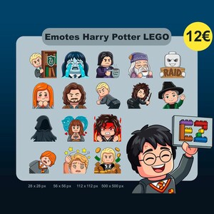 Puede incluir: Una colección digital de emotes estilo LEGO de Harry Potter con varios personajes en diferentes expresiones y poses, incluyendo una gran ilustración de un personaje sosteniendo un cartel con las letras EZ hechas de bloques de construcción coloridos.