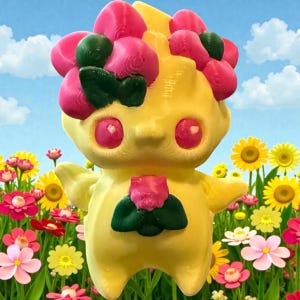Könnte beinhalten: Eine gelbe Kreaturenfigur mit einer Krone aus leuchtend rosa Blüten und dunkelgrünen Blättern auf dem Kopf sowie einer kleineren rosa Blüte mit grünen Blättern auf der Brust. Die Figur hat große, glänzende rosa Augen und einen glatten Körper.