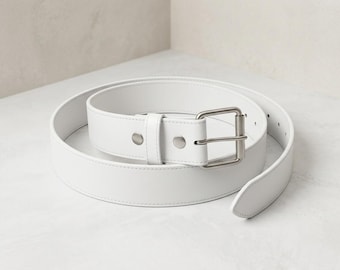 Leatherboss White Leather Jeans Belt with Removable Buckle, Size 32, Western Style