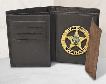 Handmade Black Leather Bifold Badge Holder Wallet Case for Law Enforcement