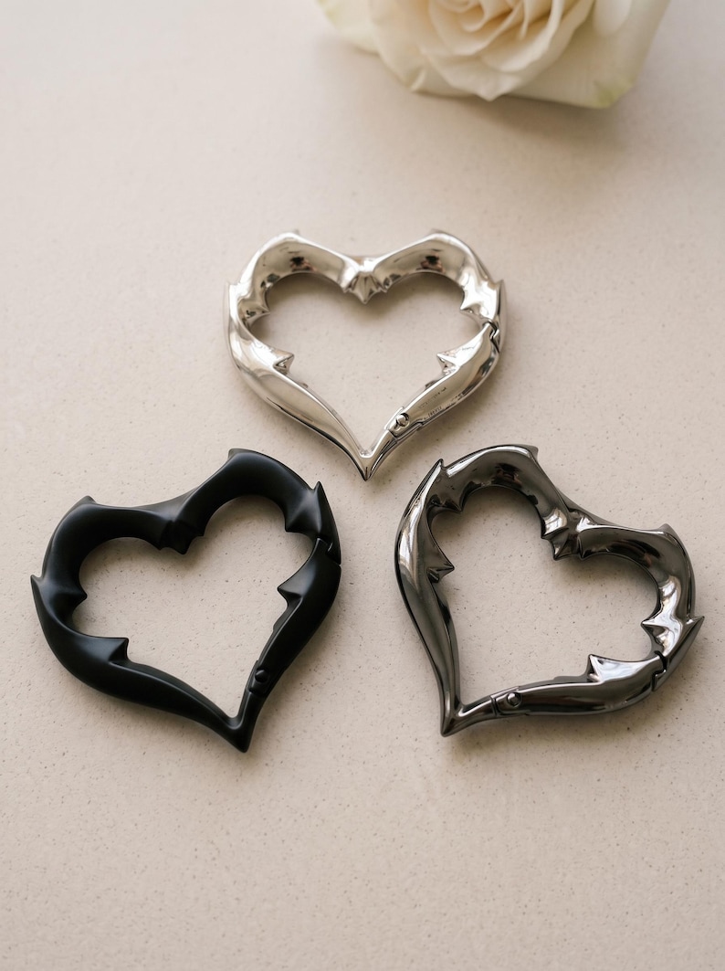 Gothic Heart Carabiner Clip, Black Silver Metal Heart Clasp, Punk Bag Charm, Bat Wing Key Ring, Edgy Love Gift For Her image 2