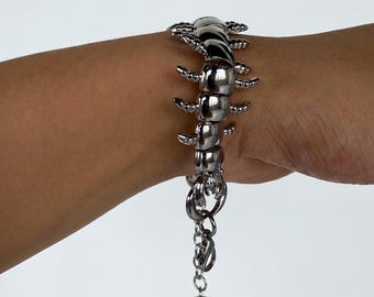 Articulated Silver Centipede Bracelet, Sculptural Insect Chain, Gothic Bug Jewelry, Y2K Punk Accessory, Unisex Wrist Jewelry Gift