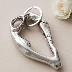Könnte beinhalten: Ein polierter silberfarbener Metall-Karabiner-Schlüsselanhänger mit einer organischen, fließenden und asymmetrischen Tropfenform. Das Element verfügt über einen federbelasteten Verschlussmechanismus und einen runden Schlüsselring.