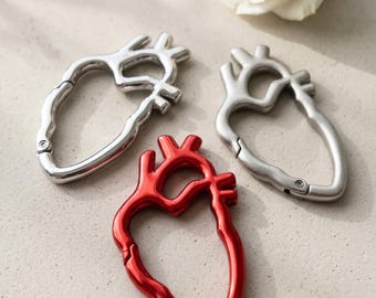 Anatomical Heart Carabiner, Metal Heart Keychain Clip, Red Silver Bag Charm, Valentine Gift, Nurse Doctor Badge Holder