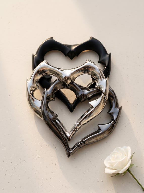 Gothic Heart Carabiner Clip, Black Silver Metal Heart Clasp, Punk Bag Charm, Bat Wing Key Ring, Edgy Love Gift For Her