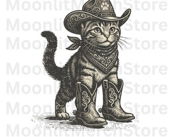 Funny Cowboy Cat PNG, Western Kitty Clipart png, Rustic Country Animal Artwork (Digital Download)
