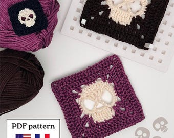 Halloween-Totenkopf-Granny-Square-Häkelmuster (PDF, Englisch & Französisch) | Gotischer Häkelblock | Gruseliges Granny-Square-Muster | Sofort-Download