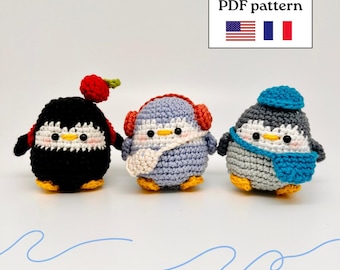 Häkelanleitungspaket „3 Pinguine“ (PDF, Englisch & Französisch) | Winterliche Amigurumi | Weihnachtliche Pinguin-Plüschtiere | Kawaii-Häkeltier