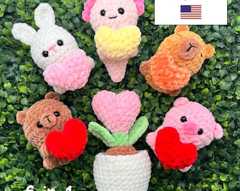 Valentinstags-Amigurumi-Häkelanleitung (PDF, englische US-Begriffe) | Plüschtiere: Bär, Axolotl, Wasserschwein, Schwein, Kaninchen & Herzpflanze