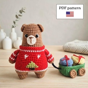 Christmas Bear Crochet Pattern PDF English (standard US terms) - Amigurumi Teddy with toy wagon and gift boxes