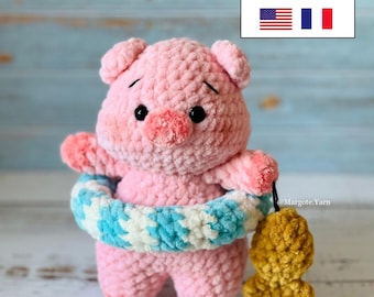 Häkelanleitung für ein angelndes Schwein (PDF, Englisch & Französisch) | Niedliches Amigurumi-Schwein mit Fisch und Rettungsring | Kawaii-Plüschtier-Anleitung