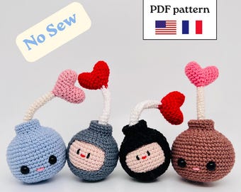 Häkelanleitung für Liebesbomben (PDF, Englisch & Französisch) | Kawaii Amigurumi Herzen | Ninja-Liebesbomben-Plüschtiere | Valentinstags-Häkelanleitung