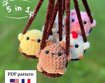 Häkelanleitung für 5 Amigurumi-Tiere auf einer Schaukel (PDF, Englisch & Französisch) | Bär, Küken, Schwein, Kaninchen und Entlein als Plüschtiere