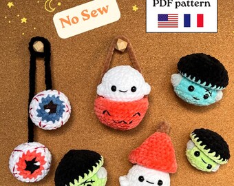 Halloween Amigurumi-Set: Häkelanleitung ohne Nähen (PDF, Englisch & Französisch) | Geist, Kürbis, Pilz, Gruselaugen und Frankie-Plüschtiere