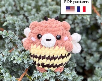 Amigurumi-Häkelanleitung für einen Bienenbären (PDF, Englisch & Französisch) | Niedlicher Hybrid-Bienen-Teddybär als Plüschtier | Kawaii-Häkelanleitung für ein Tiergeschenk