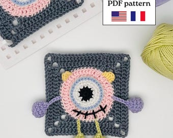 Häkelanleitung für ein Augapfel-Granny-Square (PDF, Englisch & Französisch) | Halloween-Granny-Square | Gruselige Häkelanleitung | Gehäkeltes Zyklopenmonster
