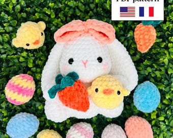 Häkelanleitung für Hase, Eier und Küken (PDF, Englisch & Französisch) | Oster-Amigurumi-Set | Kawaii-Frühlingshäkelanleitung
