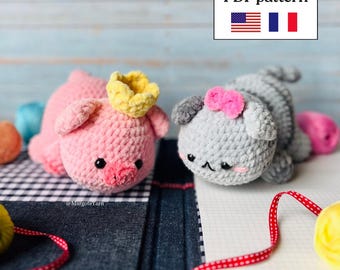 Kawaii-Katze und -Schwein Häkelanleitung (PDF-Datei, Englisch & Französisch), süßes Amigurumi-Plüschtier-Duo, Häkelanleitung für Tiere