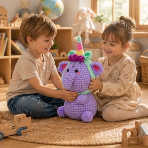 May include: A purple crocheted elephant plush toy featuring a unicorn horn with rainbow stripes, a mint green hood, and dark purple accents on the ears and horn base. The elephant has black embroidered eyes and pink blush on its cheeks.