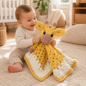 May include: A crochet giraffe lovey featuring a yellow and white textured blanket body with a plush giraffe head. The head has a brown muzzle, black safety eyes, and small brown-tipped horns. The blanket is crafted in a square granny stitch pattern.