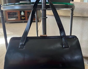 Vintage 1950s French Black Leather East West Bag | Mid Century Horizontal Elongated Frame Purse Gold Clasp Paris Made in France Mirror