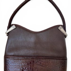 Vintage Brighton Gina Brown Pebbled Leather Shoulder Bag Croc Embossed Trim Western Hobo Purse 90s 2000s Y2K Braided Handle Satchel Bag 画像 5