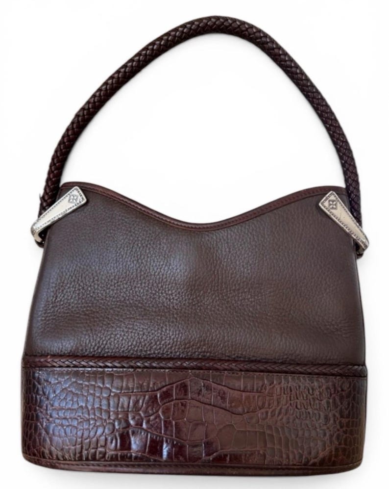Vintage Brighton Gina Brown Pebbled Leather Shoulder Bag Croc Embossed Trim Western Hobo Purse 90s 2000s Y2K Braided Handle Satchel Bag 画像 5