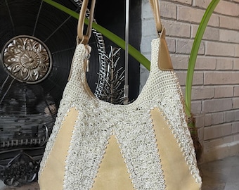 Vintage New Ragani Italy Crochet Knit Suede Shoulder Bag - Cream Beige Boho Hobo Slouch Purse, Retro Italian Geometric Patchwork Knitwear