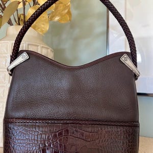 Vintage Brighton Gina Brown Pebbled Leather Shoulder Bag Croc Embossed Trim Western Hobo Purse 90s 2000s Y2K Braided Handle Satchel Bag 画像 1