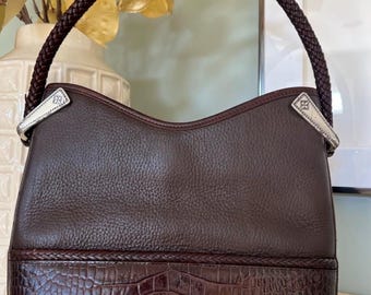 Vintage Brighton Gina Brown Pebbled Leather Shoulder Bag Croc Embossed Trim Western Hobo Purse 90s 2000s Y2K Braided Handle Satchel Bag