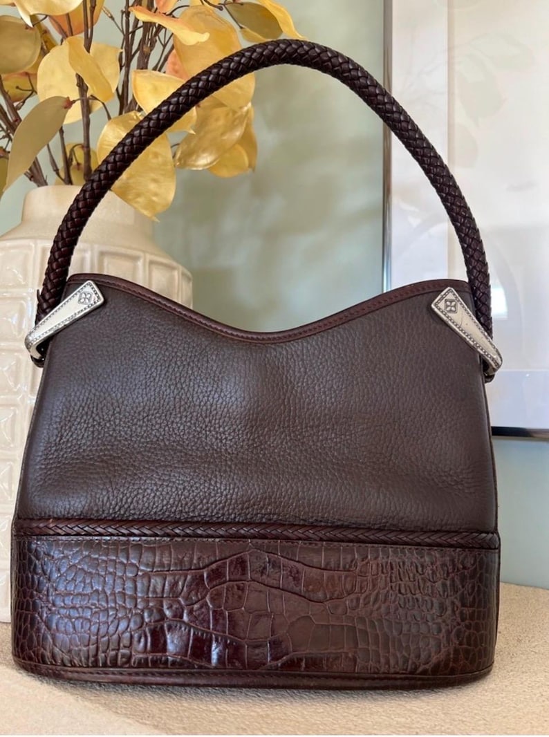 Vintage Brighton Gina Brown Pebbled Leather Shoulder Bag Croc Embossed Trim Western Hobo Purse 90s 2000s Y2K Braided Handle Satchel Bag 画像 1