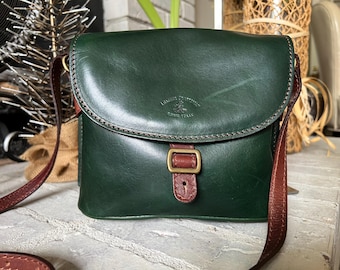 Vintage The Bridge Firenze Green Leather Crossbody Bag - Brown Strap Saddle Satchel, Made in Italy Tuscan Leather Dark Academia Purse