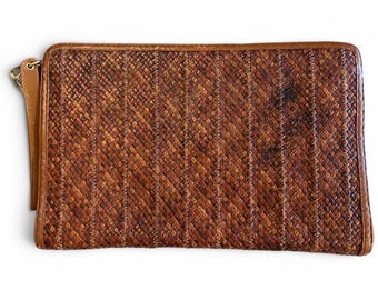 Vintage Morris Moskowitz Woven Leather Clutch Portfolio Bag • Retro 70s 80s Intrecciato Basketweave Pouch