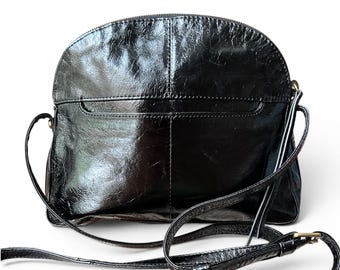 Vintage 2000s Hobo International Black Crinkle Patent Leather Crossbody Bag Y2K Minimalist Triple Section Purse
