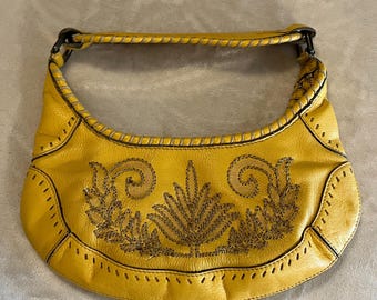 Vintage Cole Haan Yellow Leather Hobo Bag, Y2K Boho Embroidered Shoulder Purse, Deadstock New With Tags Handbag