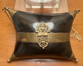 Rare Antique 1930s Art Deco Brass Bound Black Horn Pillow Evening Bag