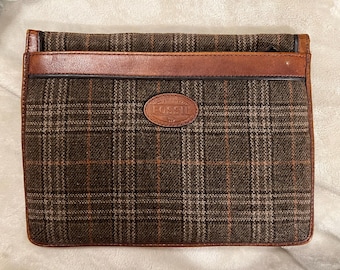 Vintage Fossil Brown Tweed Plaid Leather Clutch Bag - Portfolio Pouch Zipper Pencil Case Wristlet, Y2K Dark Academia Preppy Heritage Purse