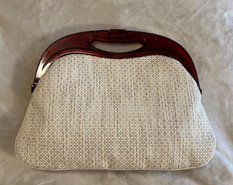 Vintage 1960s Bermuda Bag with Tortoiseshell Lucite Handle • Mid Century Mod Woven Tweed Clutch Purse