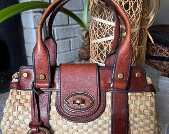Fossil Vintage Reissue Satchel Bag Straw Basketweave Leather Handbag 2000s Archival Y2K Boho Woven Wicker Top Handle Purse Cottagecore Gift