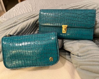 NWOT Vintage Etienne Aigner Teal Leather Wallet Set | Mock Croc Checkbook Organizer Cosmetic Pouch 2 Piece Matching Set Retro 90s Deadstock
