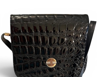 Vintage 1980s Amelia Berko Black Genuine Crocodile Leather Flap Shoulder Bag - Made in Greece High Gloss Mid Century Gold Turnlock Clasp Arc