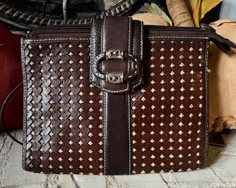 Vintage Brighton Cutout Hearts Leather Crossbody Wallet Purse - Western Silver Buckle Organizer Satchel, Y2K Dark Boho Brown Leather Bag