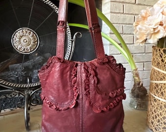 Vintage Lucky Brand Rocken Ruffles Burgundy Red Italian Leather Shoulder Bag Hobo Y2K Boho