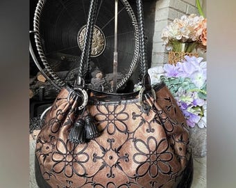Vintage Brighton Valencia Metallic Bronze Leather Shoulder Bag Boho Floral Embroidered Hobo Purse Y2K