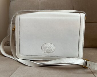 Vintage Didier Lamarthe Paris White Leather Crossbody Bag Embossed Unicorn Crest Flap Shoulder Purse Minimalist Luxury 90s Made in France