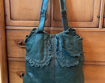 Vintage Lucky Brand Rocken Ruffles Teal Green Italian Leather Shoulder Bag Hobo Tote Y2K Boho
