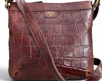 Vintage Fossil Brown Croc Embossed Leather Crossbody Bag Y2K Boho Shoulder Purse