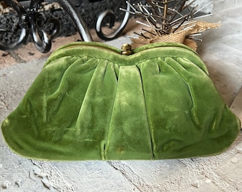 Vintage Chartreuse Velvet Clutch Purse | Ruched Gold Kisslock Evening Bag