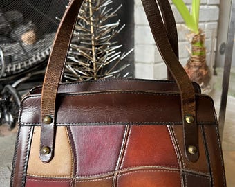 Vintage 1970s Leather Patchwork Satchel Handbag - Multi Tone Brown Oxblood Boho Top Handle Bag, Retro 70s Western Hippie Festival Purse