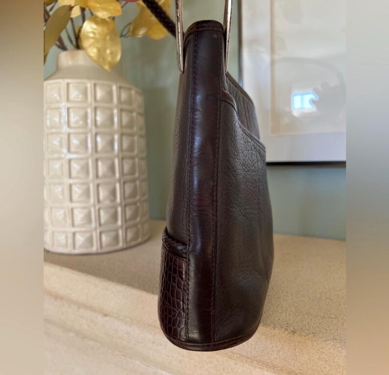 Vintage Brighton Gina Brown Pebbled Leather Shoulder Bag Croc Embossed Trim Western Hobo Purse 90s 2000s Y2K Braided Handle Satchel Bag 画像 6